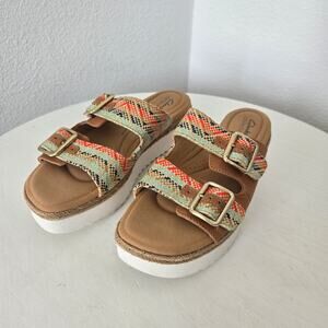 Clarks Women Lana Beach Sandals Platform Tan Leather Multicolor Straps Size 9.5